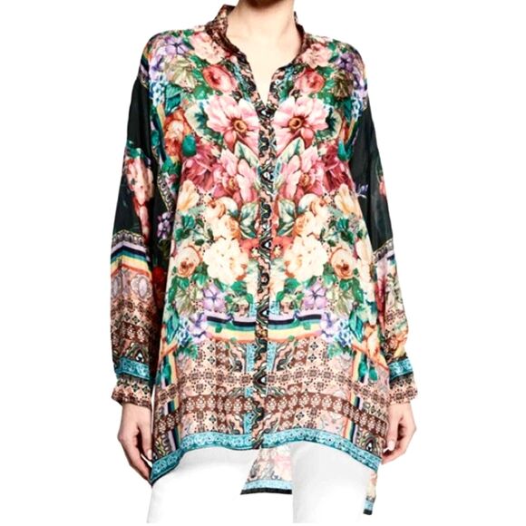 Johnny Was SILK Floral Bethia Mixed-Print Button Long-Sleeve PLUS Kimono Top - Picture 3 of 12